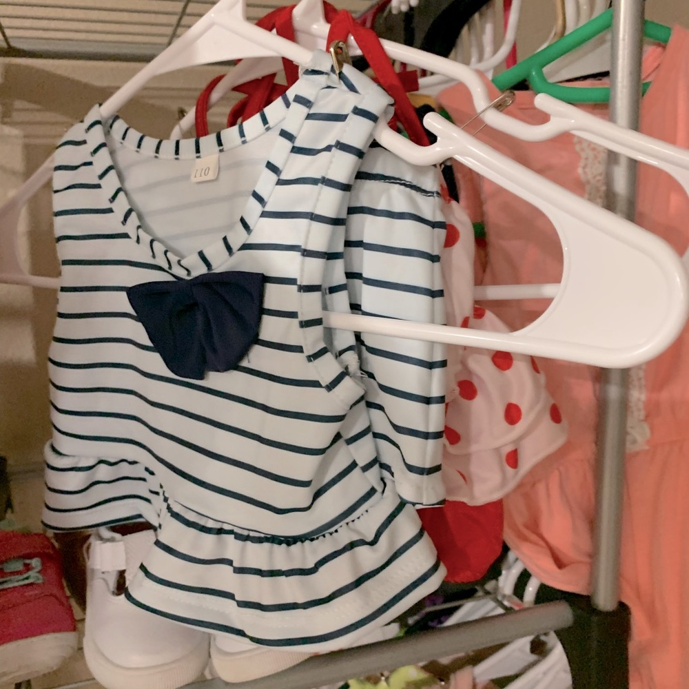 Blue and white striped two piece swimsuit 12 to 18 months.